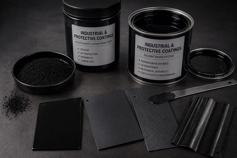 Industrial protective coating with black pigment powder and coated steel test panels