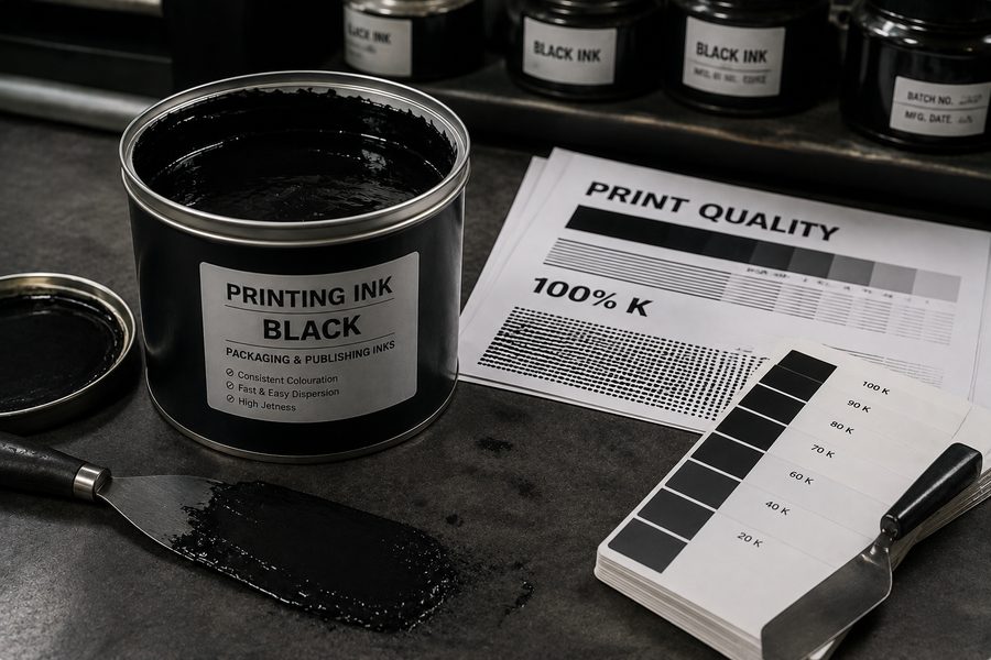 Black packaging and publishing ink with print quality density scale and halftone proofs