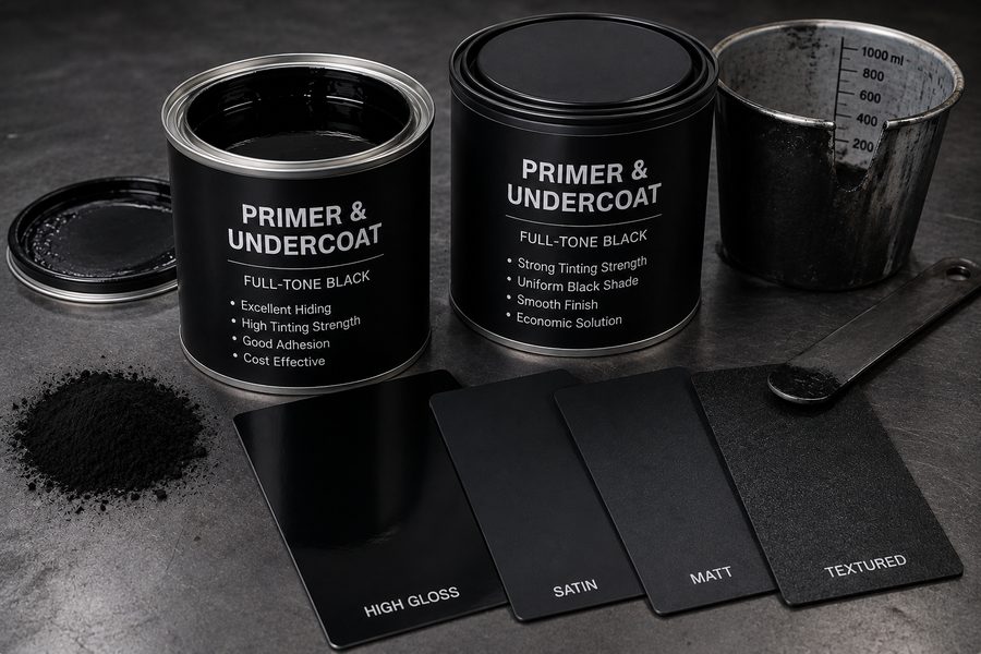 Full-tone black primer and undercoat with pigment powder and gloss, satin, matt and textured finish panels