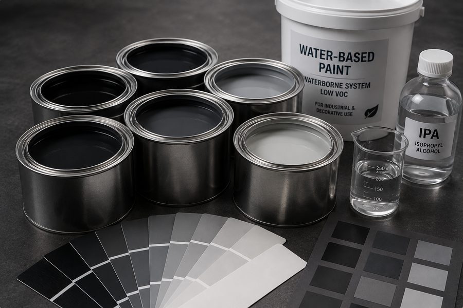 Waterborne black paint tins with isopropyl alcohol and tint fan decks for polar solvent systems
