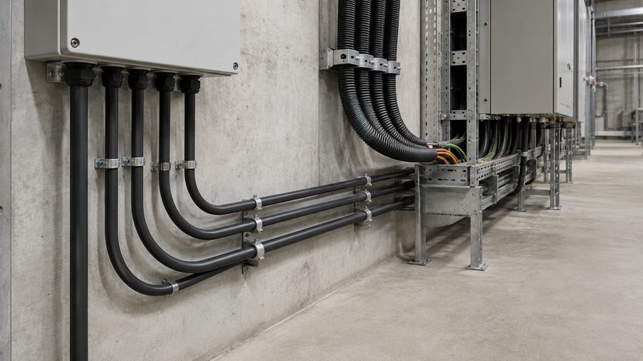 Black electrical conduits and corrugated cable ducting routed to switchgear panels
