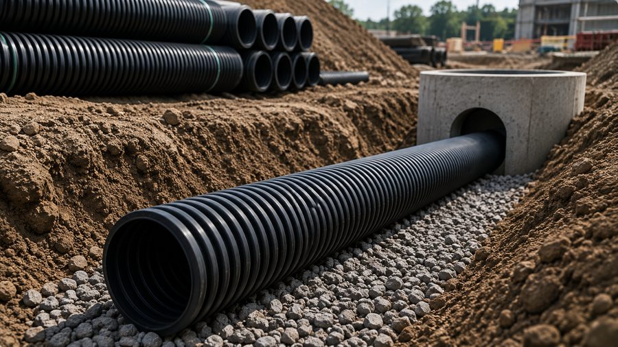 Black corrugated HDPE drainage pipe laid in a gravel trench at a construction site