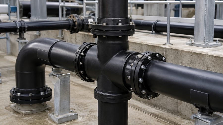 Moulded black HDPE tee, elbow and flanged pipe fittings on an industrial pipework run