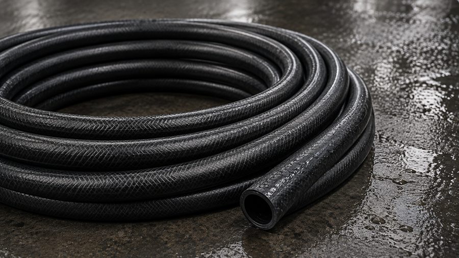 Coil of black textile-reinforced rubber water hose for industrial and household use