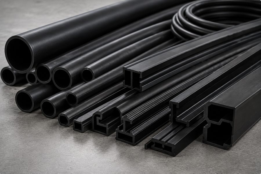 Black extruded tubing and profile sections in round, square and channel cross-sections