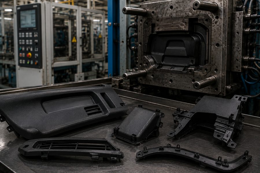 Injection-moulded black automotive interior parts beside a mould tool