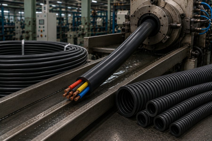 Black cable jacketing and corrugated conduits at an extrusion line