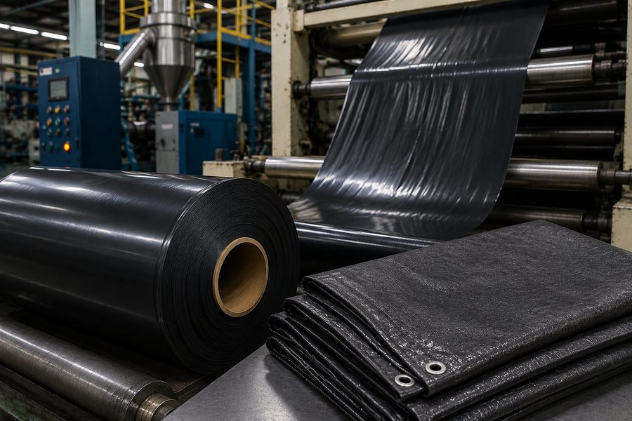 Black film roll, sheet line and tarpaulin in a film extrusion plant