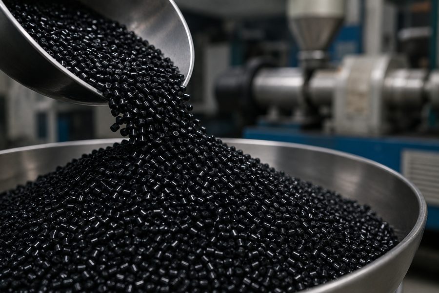 Black masterbatch pellets pouring into a hopper at a compounding plant