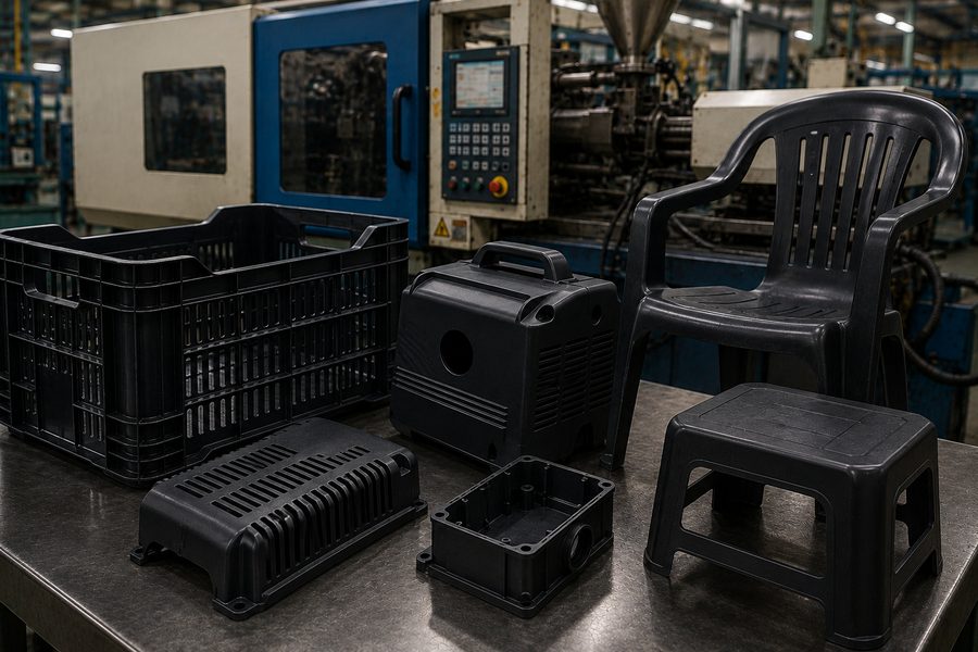 Moulded black crates, housings, chair and stool at an injection moulding shop