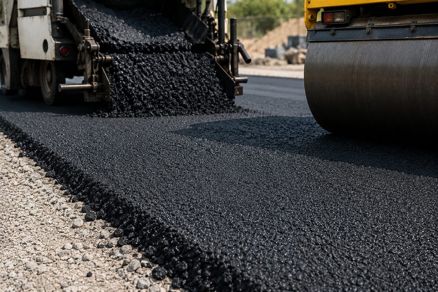 Rubberised asphalt being laid and compacted by a road roller