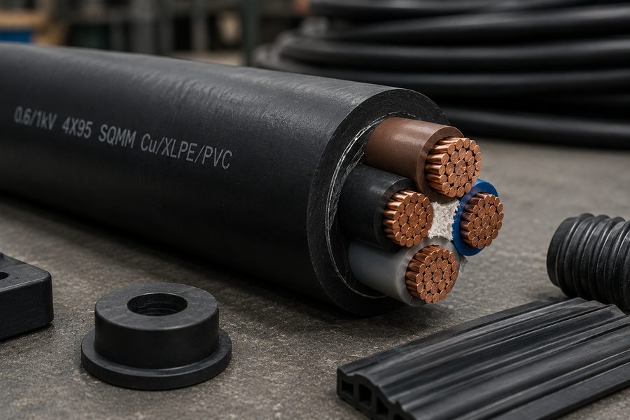 Black electrical cable with rubber sheathing and moulded rubber parts