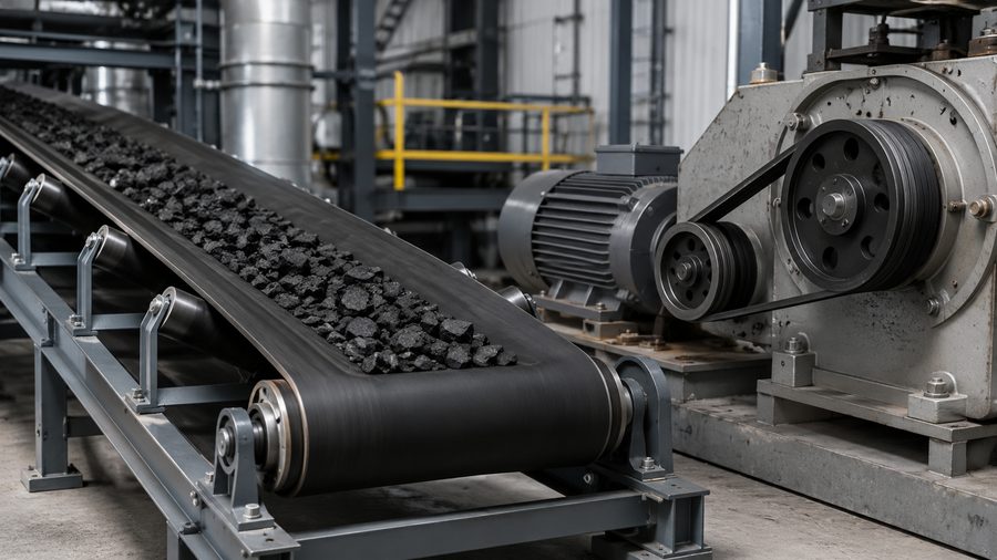 Rubber conveyor belt carrying recovered carbon black in an industrial plant