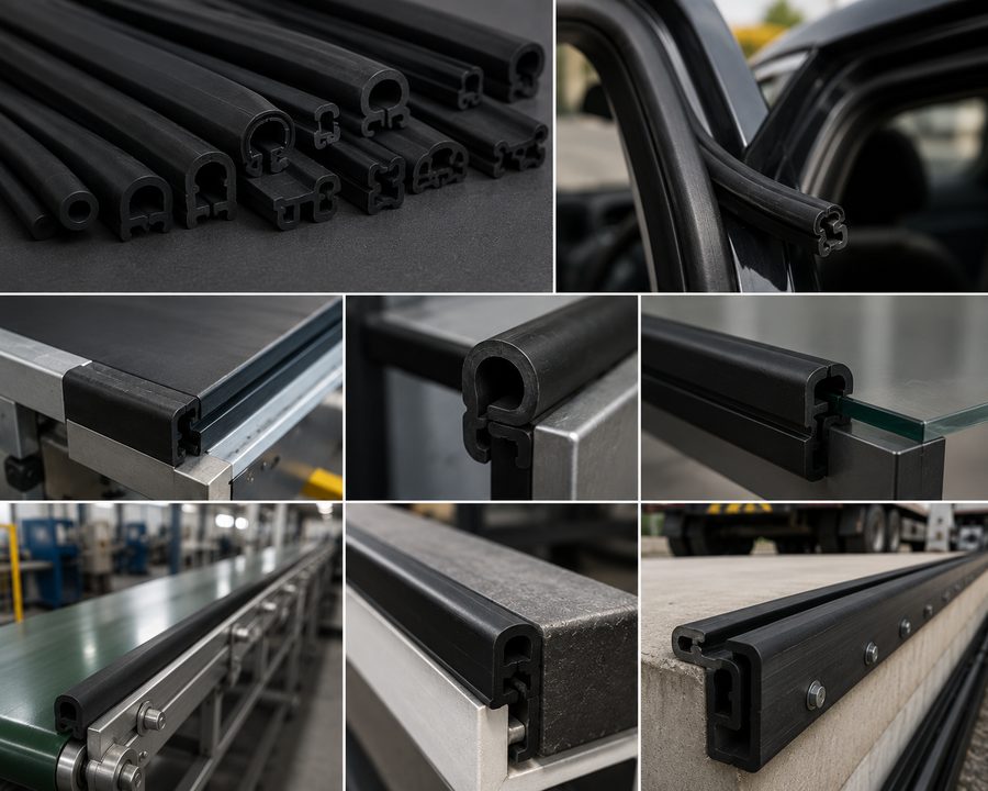 Extruded rubber profiles and edge trims in various cross-sections