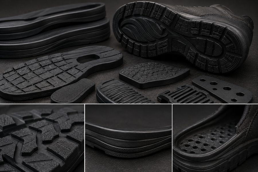 Black rubber shoe soles and footwear components