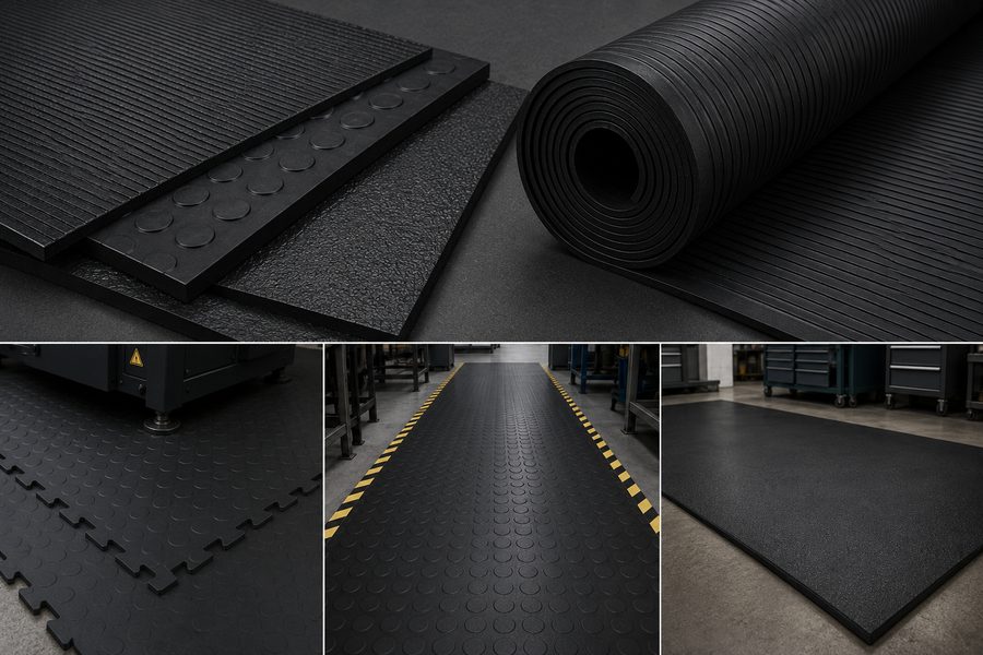 Rubber mats, rolls and interlocking floor tiles