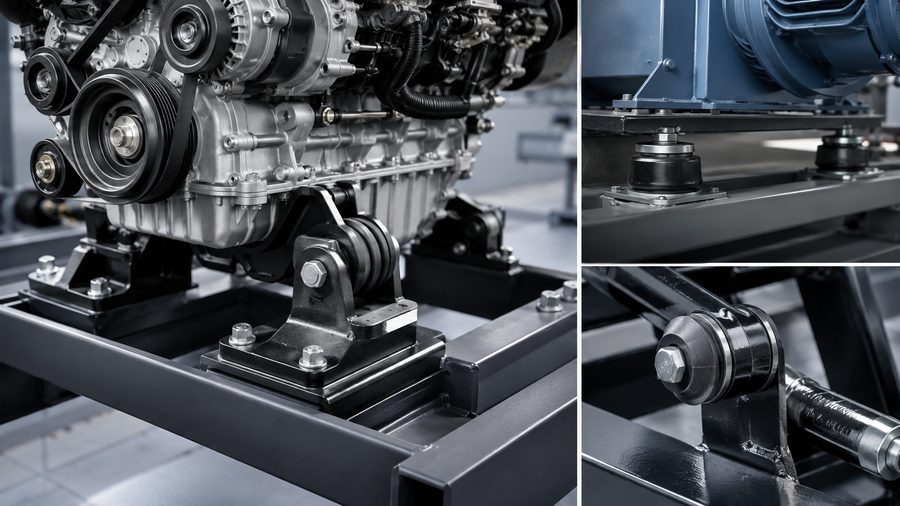 Engine mounts and anti-vibration rubber components on a steel frame