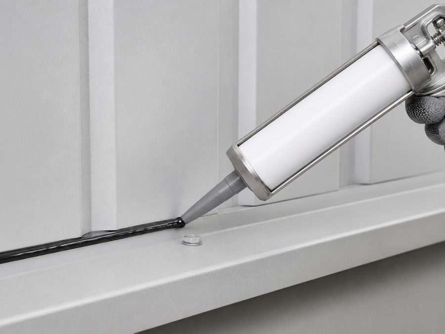 Black rubber-based sealant applied along a metal joint