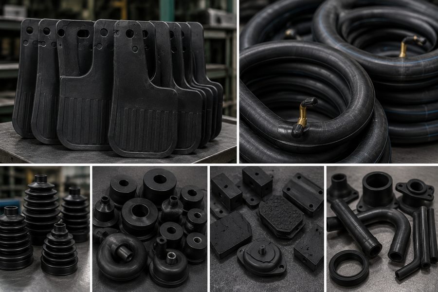 Mud flaps, inner tubes, boots, bushes and moulded automotive rubber parts