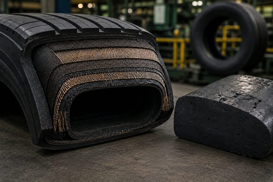 Sectioned tyre showing carcass plies beside a recovered carbon black block