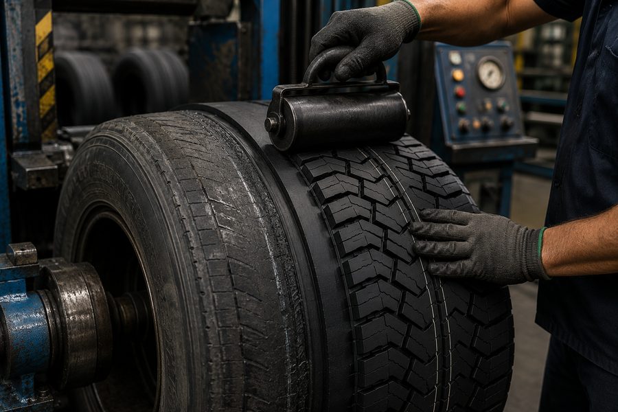 Retread tyre being rolled and bonded in a workshop