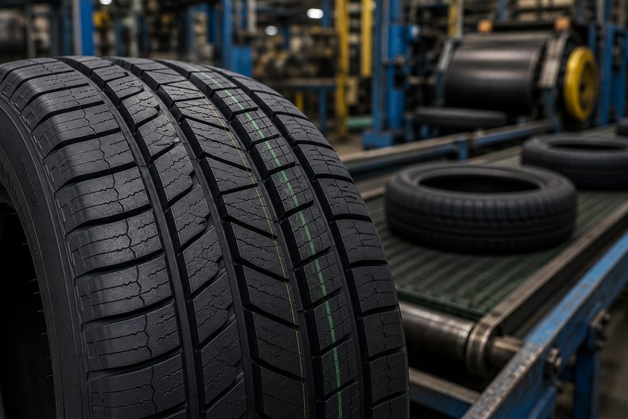 New tyre tread pattern on a production line